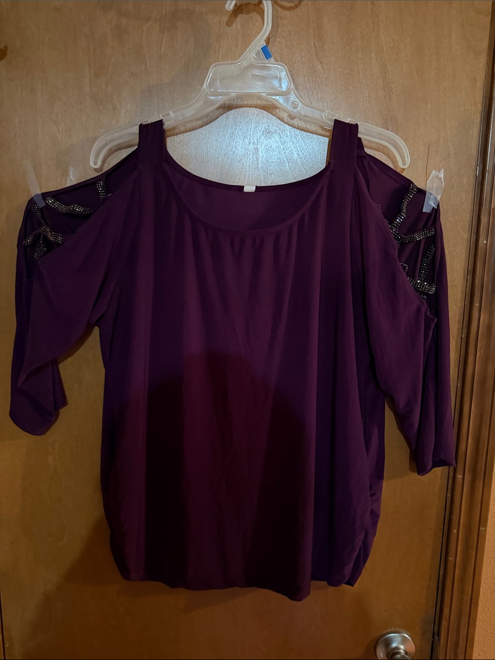 Perseption Plum Cold-Shoulder Blouse with Beaded Accents